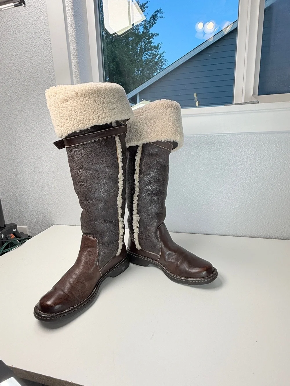 Born Leather Shearling Fold Over Tall Boots Brown Womens Size 8 EU 39